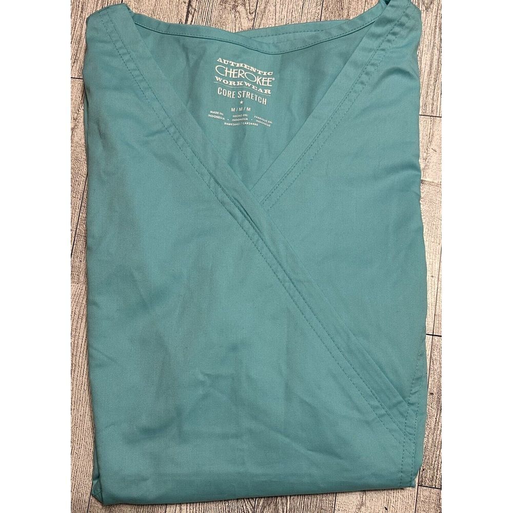 Cherokee Workwear Women's Size Medium Light Teal Blue V-Neck‎ Stretch Scrub Top